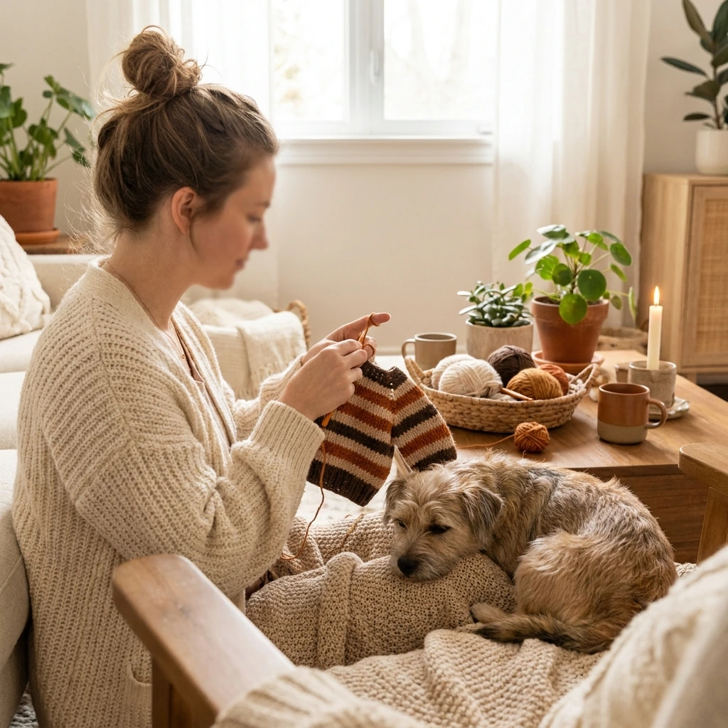 Donna che lavora all'uncinetto con il cane accanto
